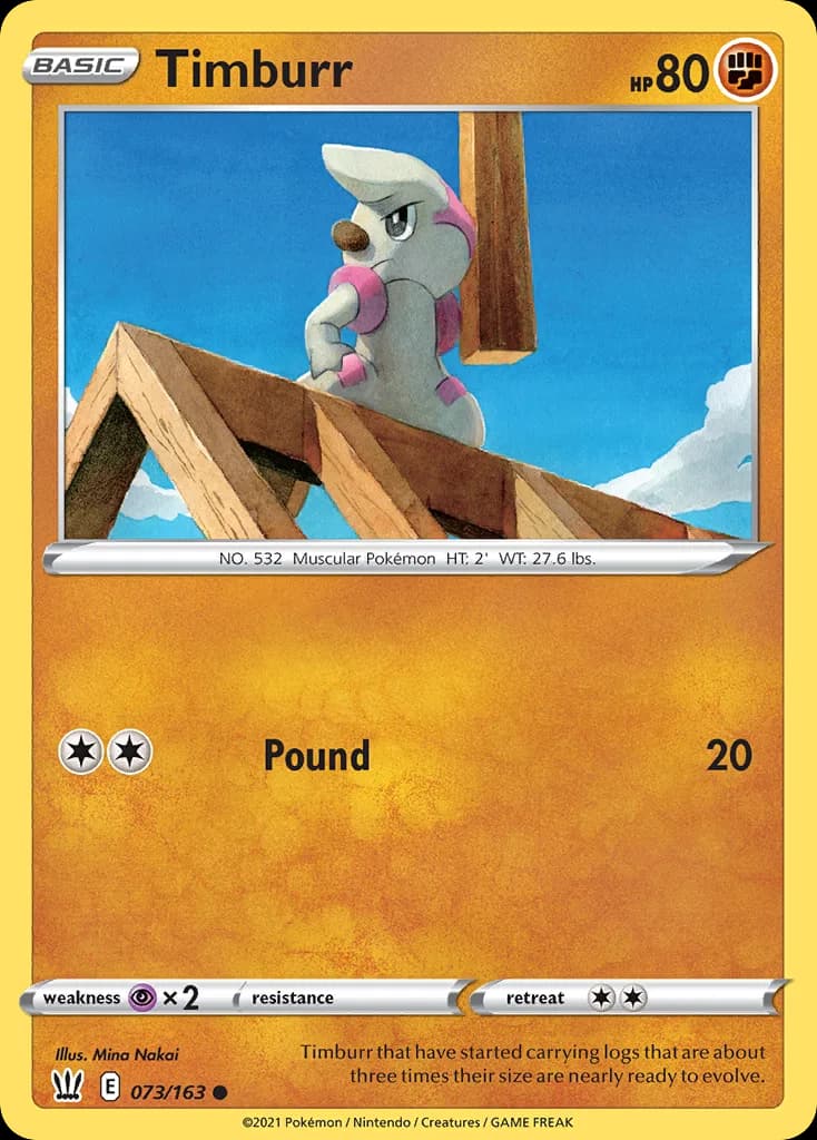 Timburr, Battle Styles 73/163, English non-holo base-card reference; reverse-holo finish is not shown