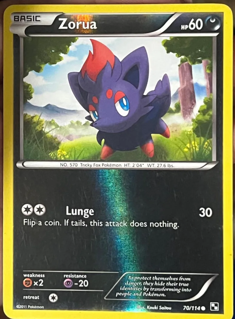 Zorua reverse holo card front, Black & White 70/114