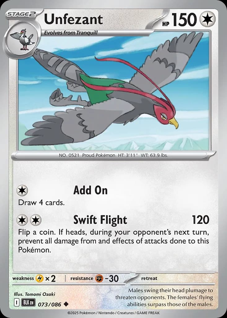 Unfezant, Black Bolt 73/86, English non-holo base-card reference; reverse-holo finish is not shown