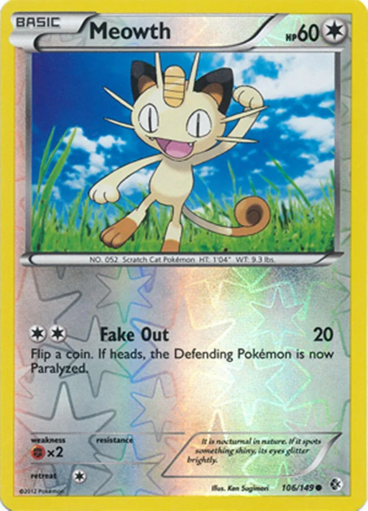 Meowth reverse holo card front, Boundaries Crossed 106/149