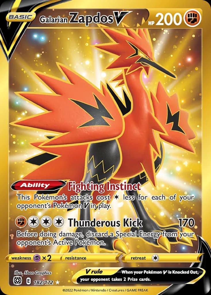 Brilliant Stars Galarian Zapdos V card front, 182/172