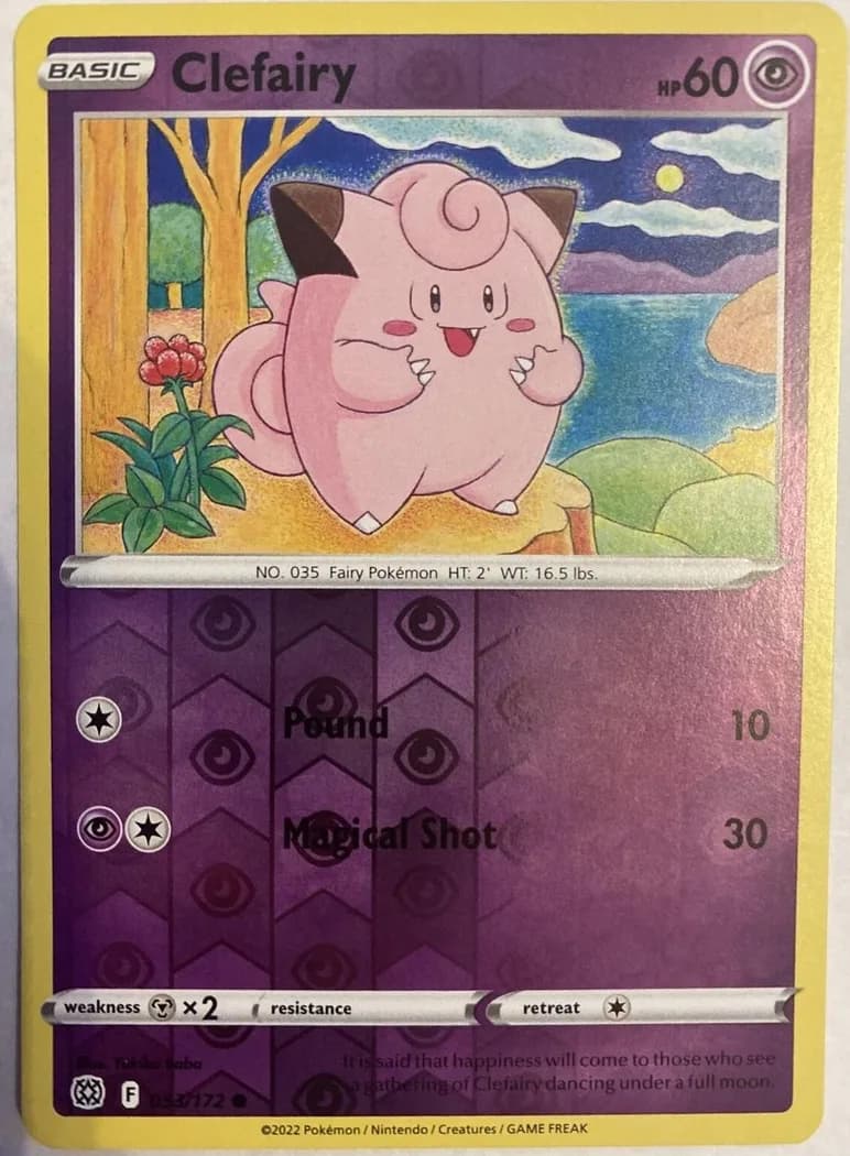 Clefairy reverse holo card front, Brilliant Stars 53/172