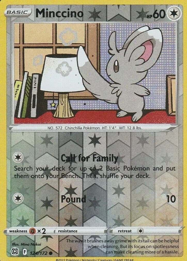 Minccino reverse holo card front, Brilliant Stars 124/172