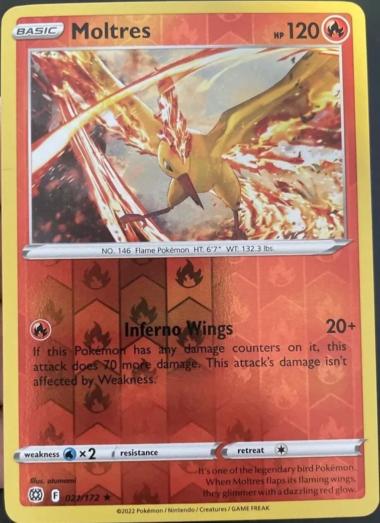 Moltres reverse holo card front, Brilliant Stars 21/172