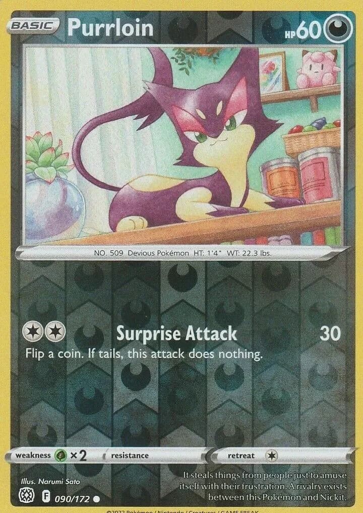 Purrloin reverse holo card front, Brilliant Stars 90/172
