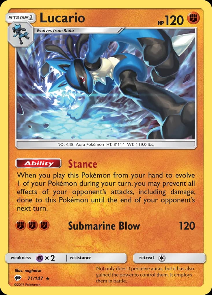 Lucario card front, Burning Shadows 71/147