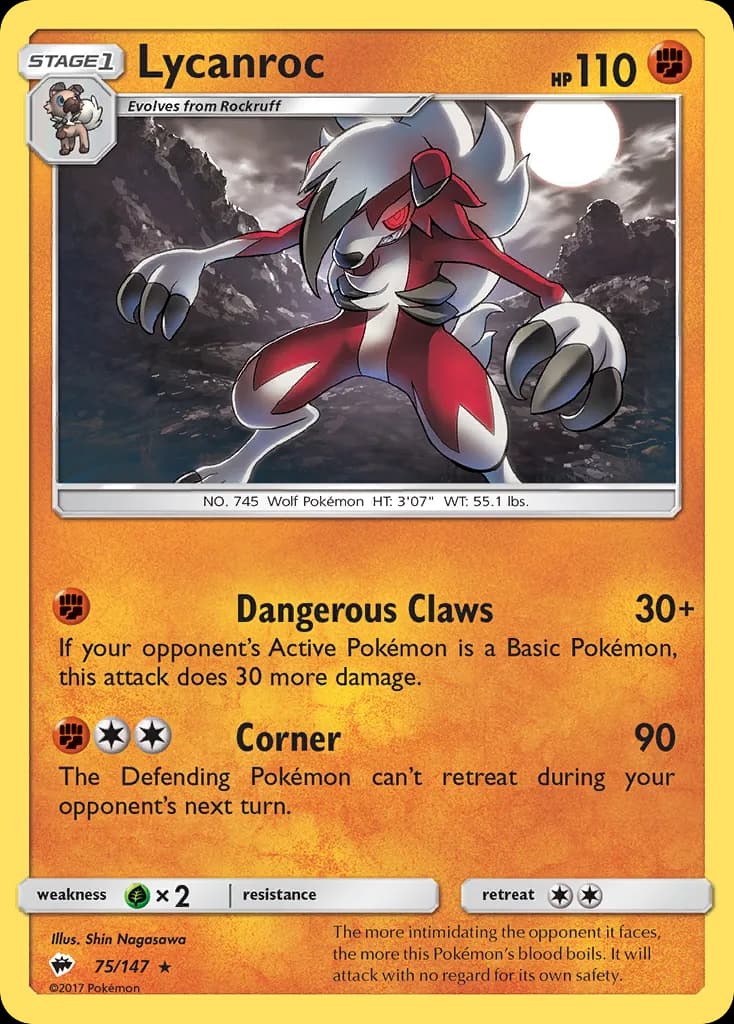 Lycanroc card front, Burning Shadows 75/147