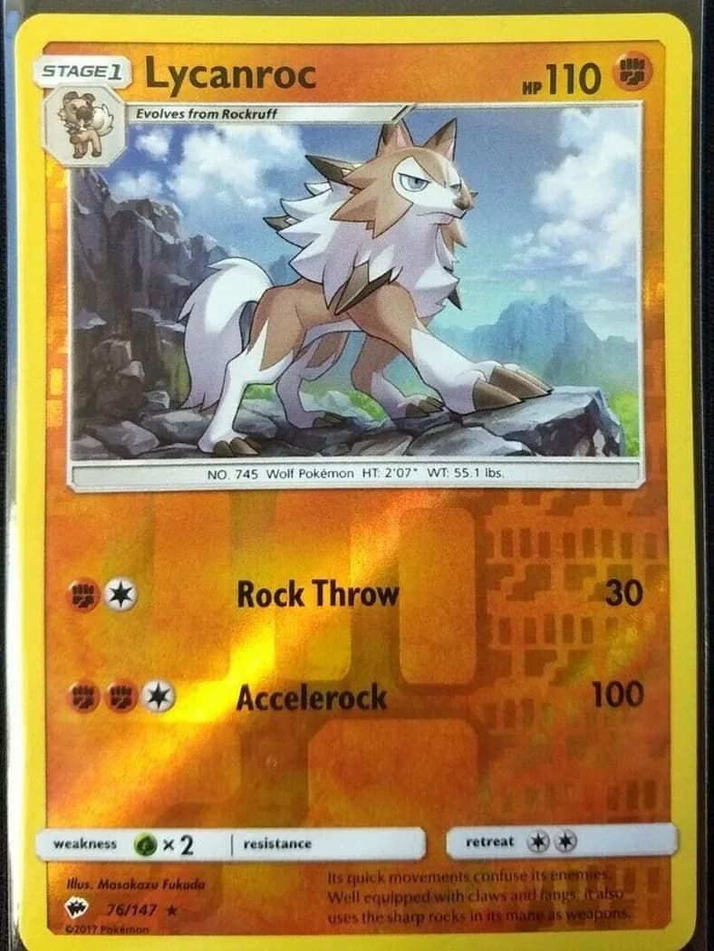 Lycanroc reverse holo card front, Burning Shadows 76/147