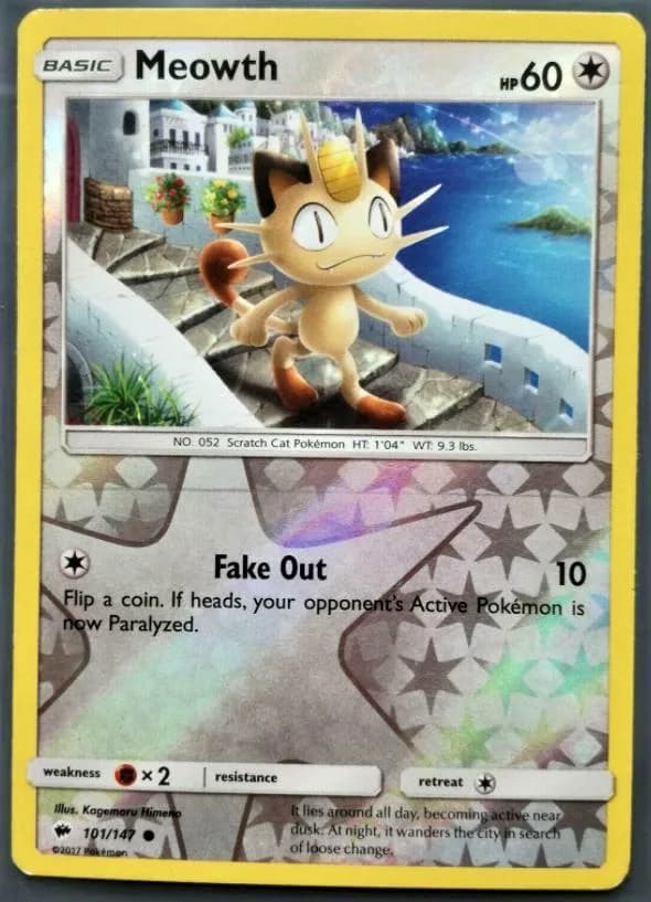 Meowth reverse holo card front, Burning Shadows 101/147