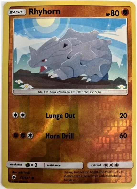 Rhyhorn reverse holo card front, Burning Shadows 65/147