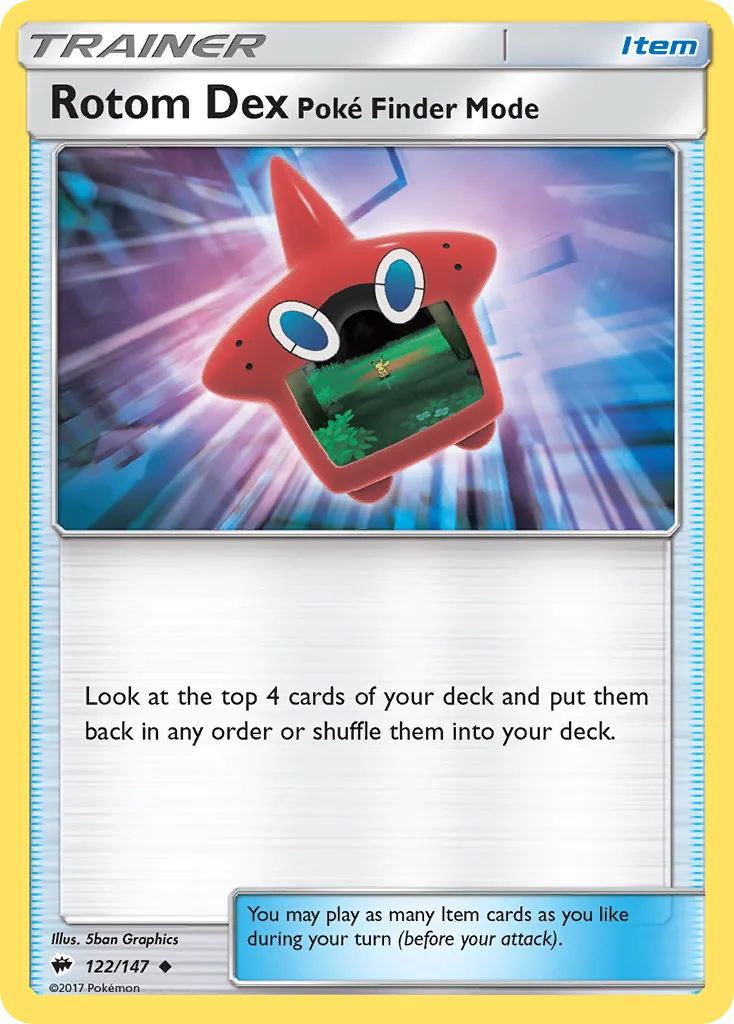 Rotom Dex Poké Finder Mode, Burning Shadows 122/147, English non-holo base-card reference; reverse-holo finish is not shown