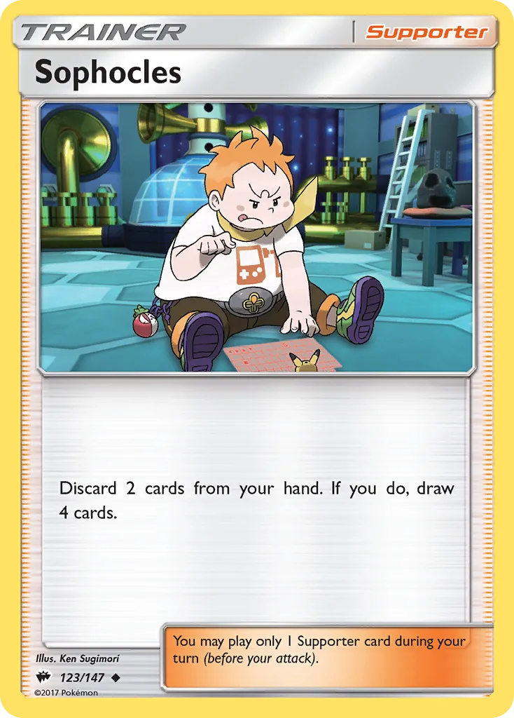 Sophocles, Burning Shadows 123/147, English non-holo base-card reference; reverse-holo finish is not shown