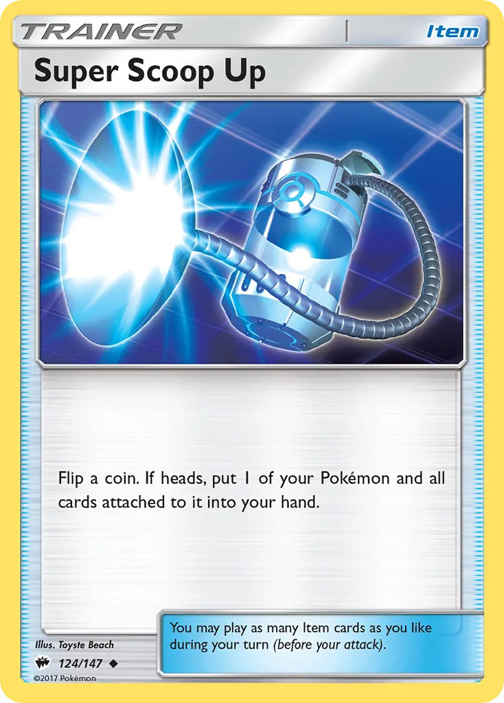 Super Scoop Up, Burning Shadows 124/147, English non-holo base-card reference; reverse-holo finish is not shown