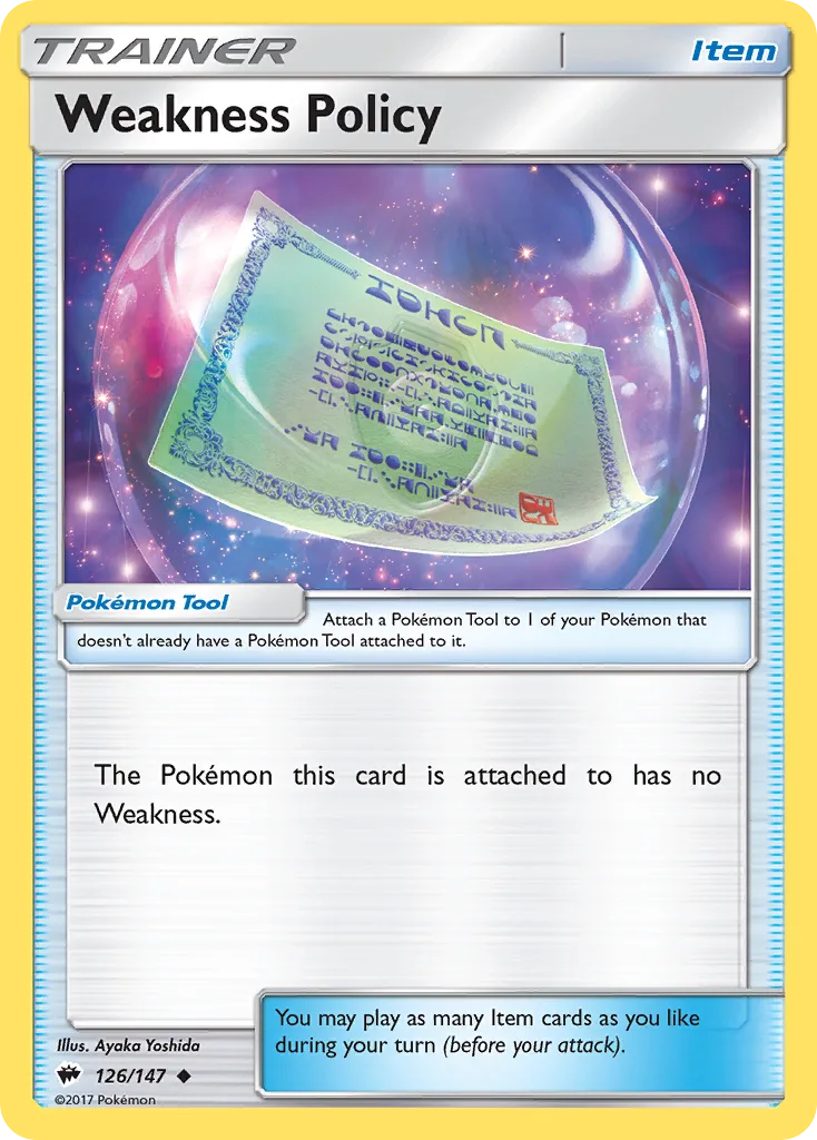 Weakness Policy, Burning Shadows 126/147, English non-holo base-card reference; reverse-holo finish is not shown
