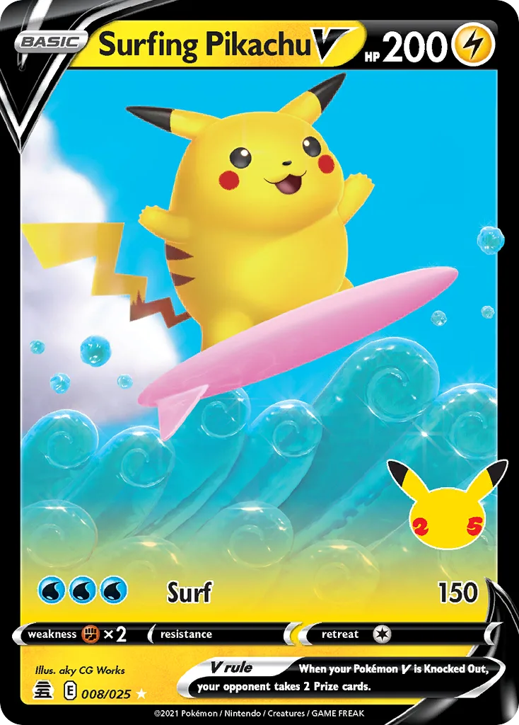 Celebrations Surfing Pikachu V card front, 8/25
