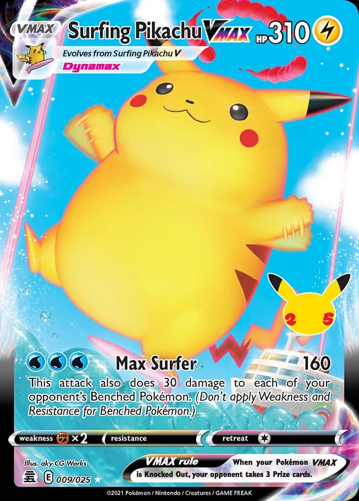 Celebrations Surfing Pikachu VMAX card front, 9/25