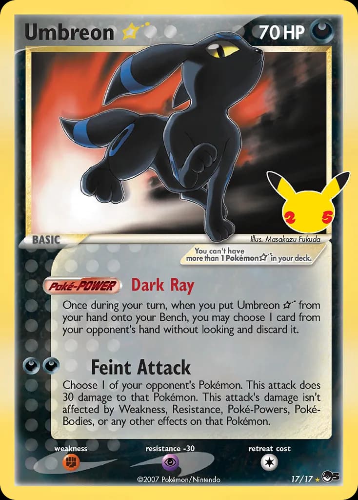 Celebrations Classic Collection Umbreon Gold Star card front, 17/17