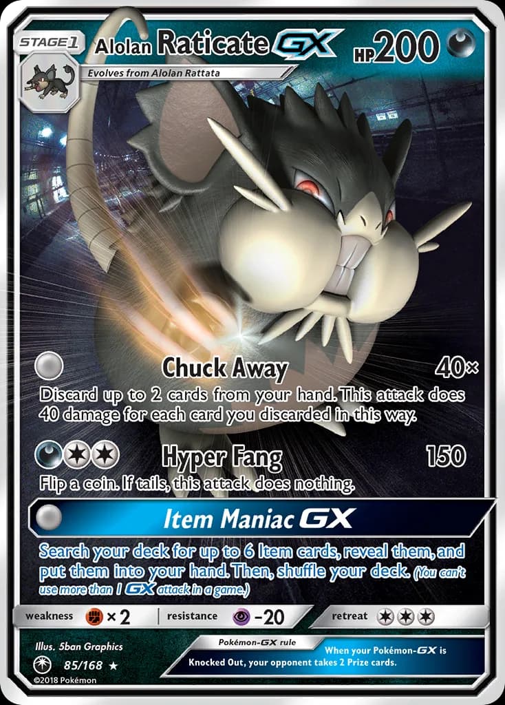 Celestial Storm Alolan Raticate-GX card front, 85/168