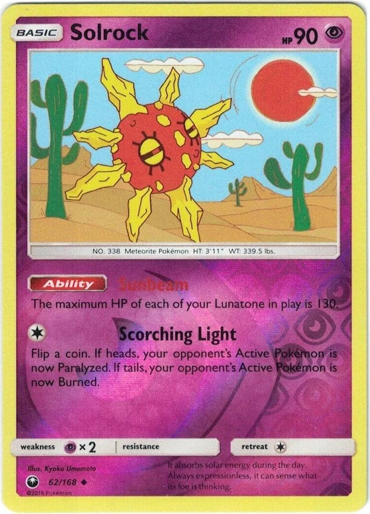 Solrock reverse holo card front, Celestial Storm 62/168