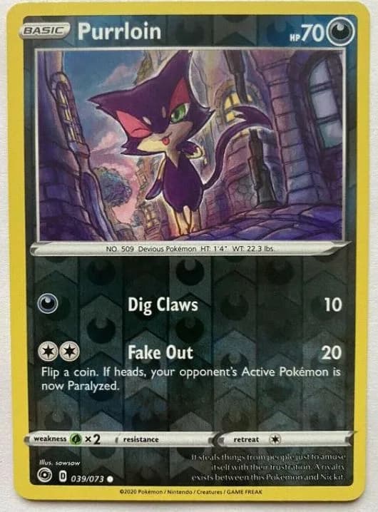 Purrloin reverse holo card front, Champion's Path 39/73