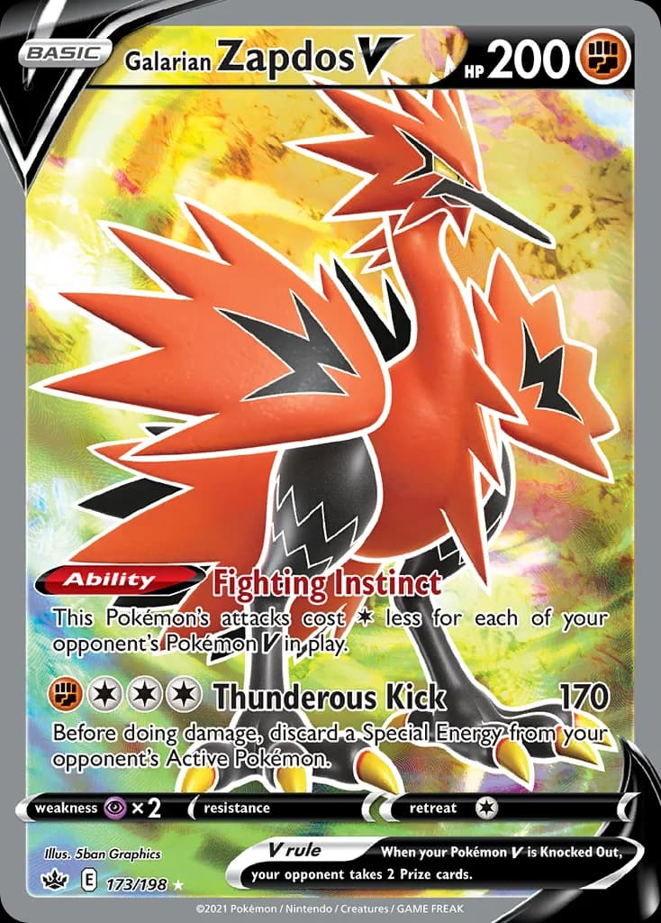 Chilling Reign Galarian Zapdos V card front, 173/198