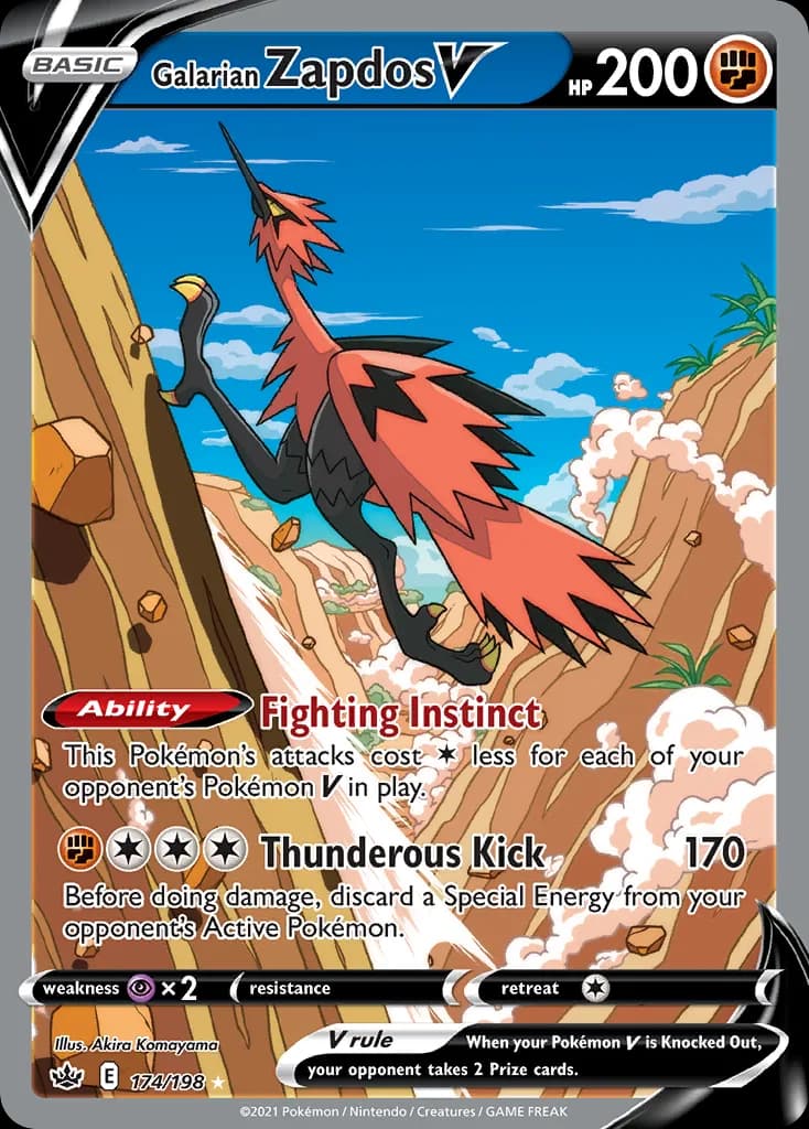 Chilling Reign Galarian Zapdos V card front, 174/198