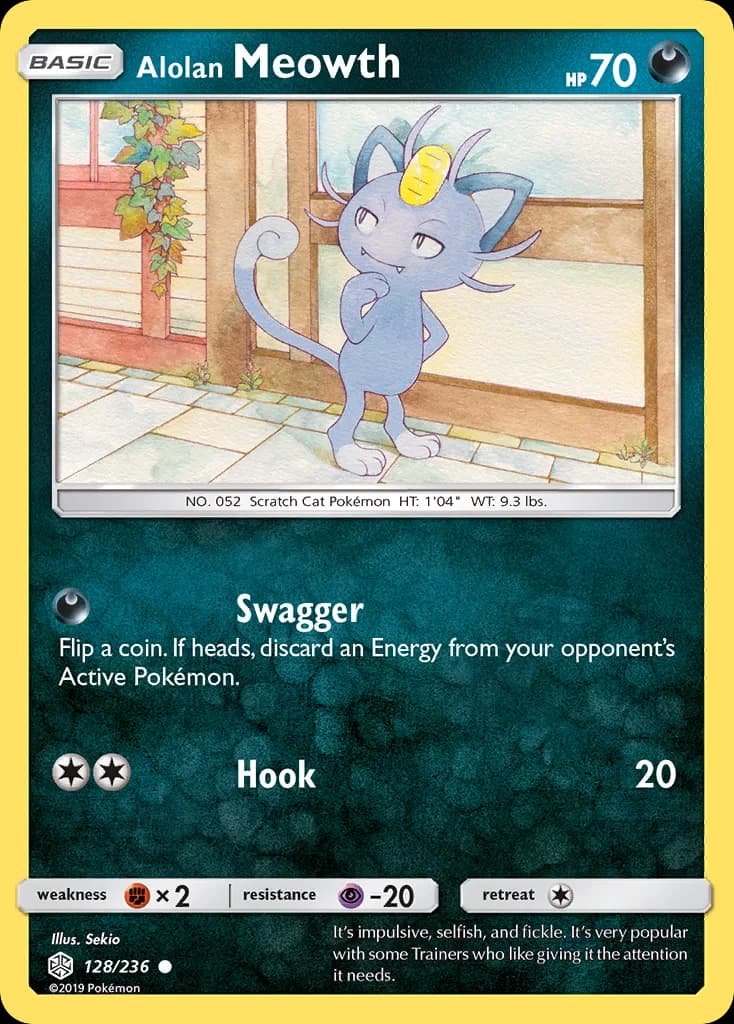 Alolan Meowth, Cosmic Eclipse 128/236, English non-holo base-card reference; reverse-holo finish is not shown