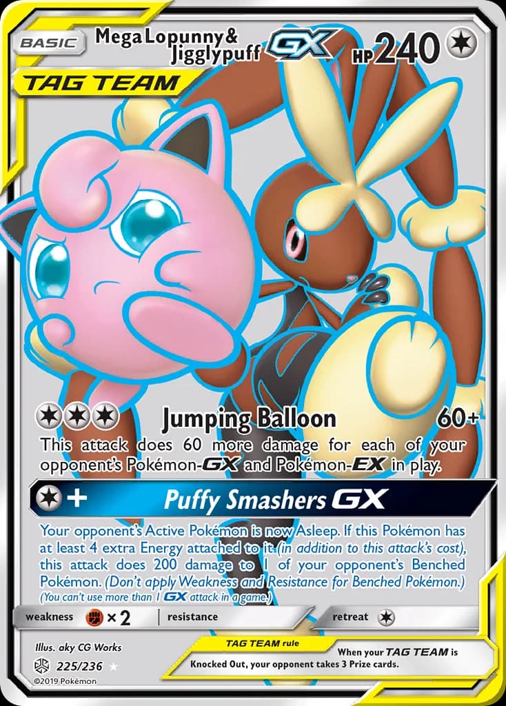 Cosmic Eclipse Mega Lopunny & Jigglypuff-GX card front, 225/236