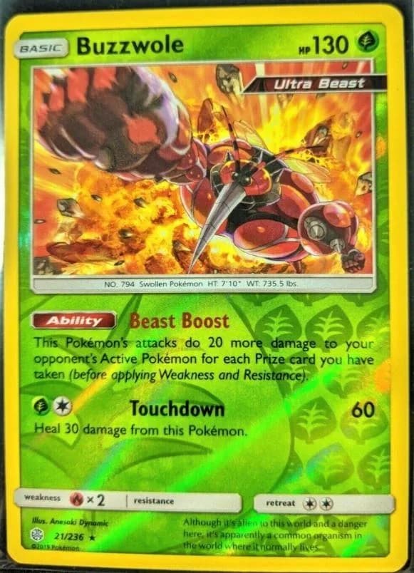 Buzzwole reverse holo card front, Cosmic Eclipse 21/236