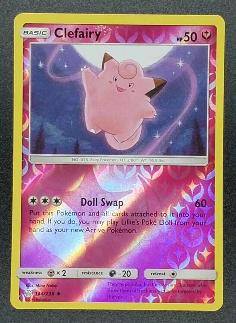 Clefairy reverse holo card front, Cosmic Eclipse 144/236