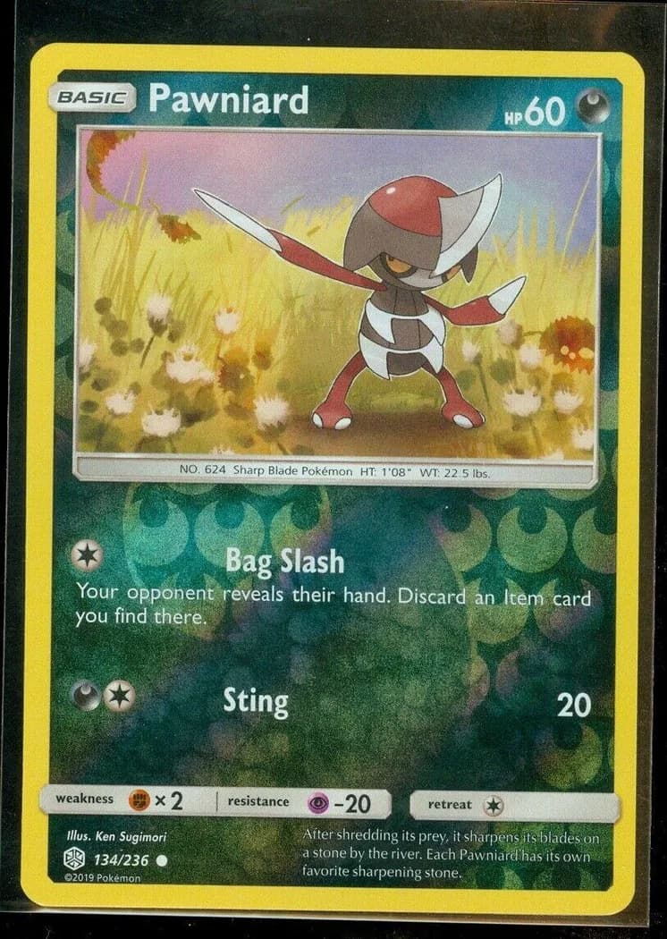 Pawniard reverse holo card front, Cosmic Eclipse 134/236