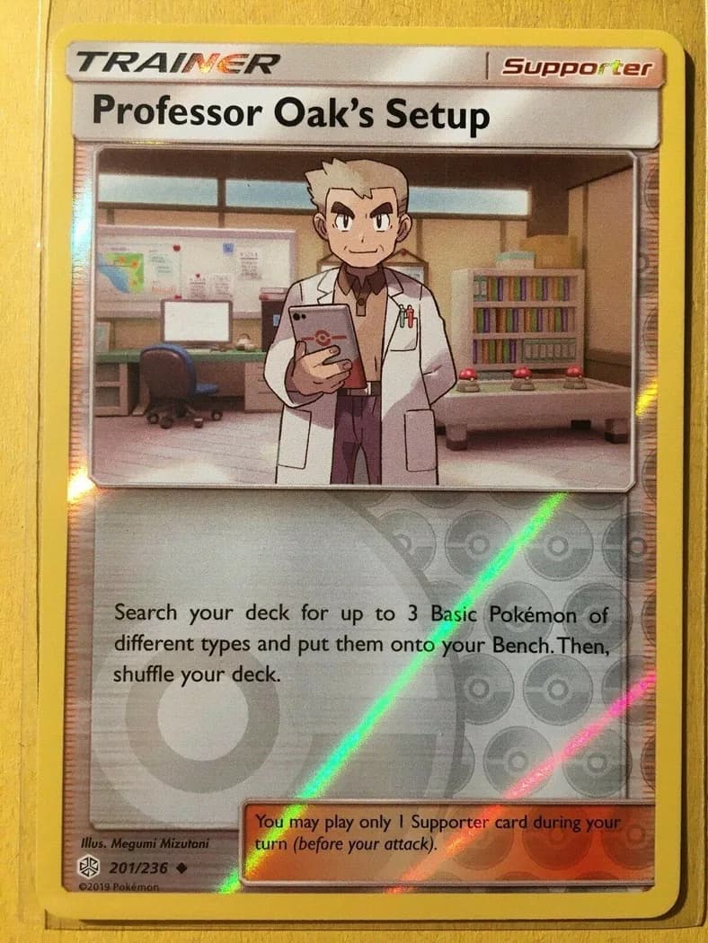 Professor Oak's Setup reverse holo card front, Cosmic Eclipse 201/236