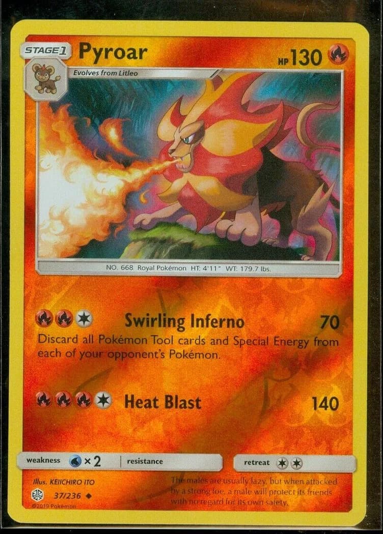 Pyroar reverse holo card front, Cosmic Eclipse 37/236