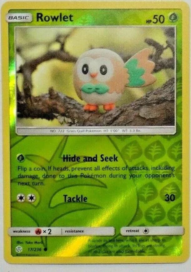 Rowlet reverse holo card front, Cosmic Eclipse 17/236