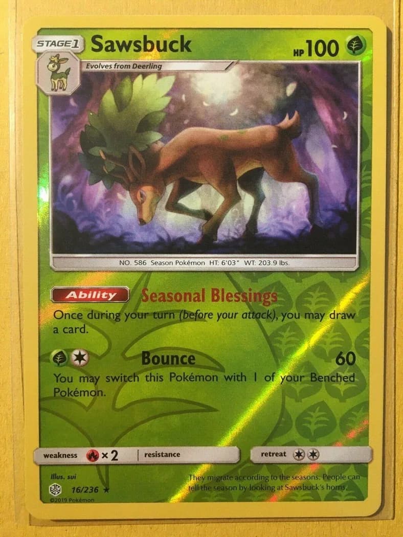 Sawsbuck reverse holo card front, Cosmic Eclipse 16/236