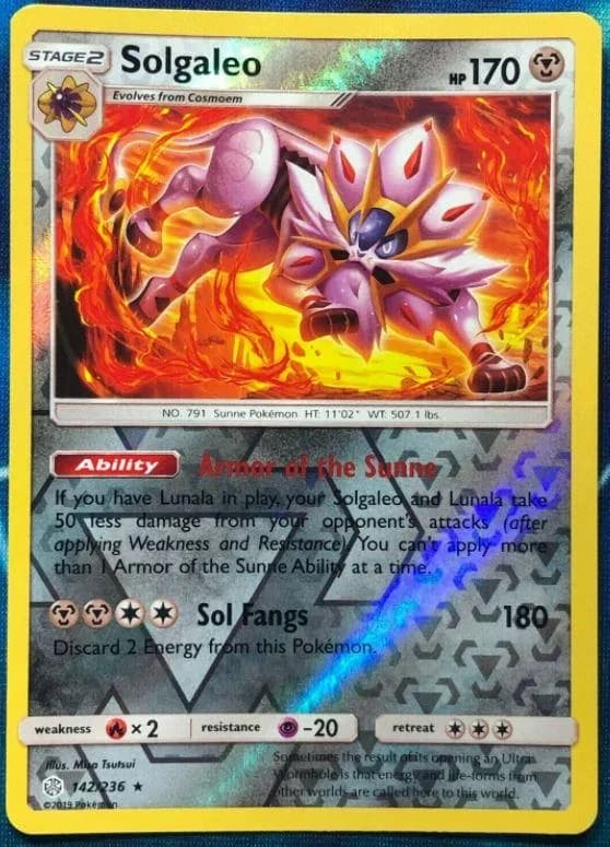 Solgaleo reverse holo card front, Cosmic Eclipse 142/236