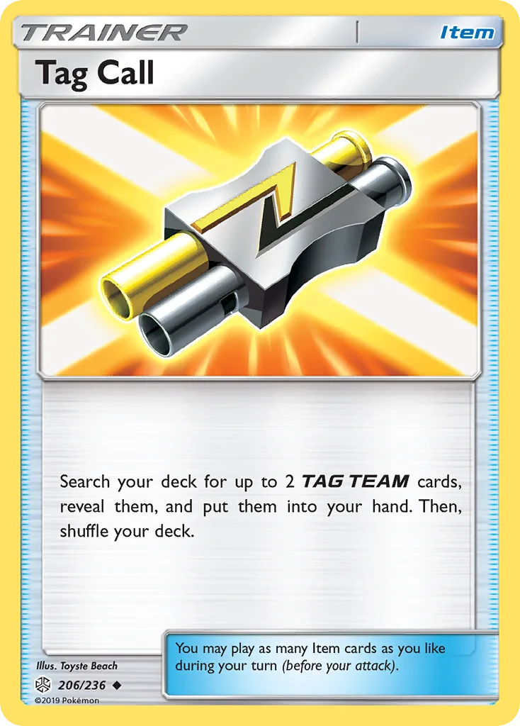 Tag Call, Cosmic Eclipse 206/236, English non-holo base-card reference; reverse-holo finish is not shown