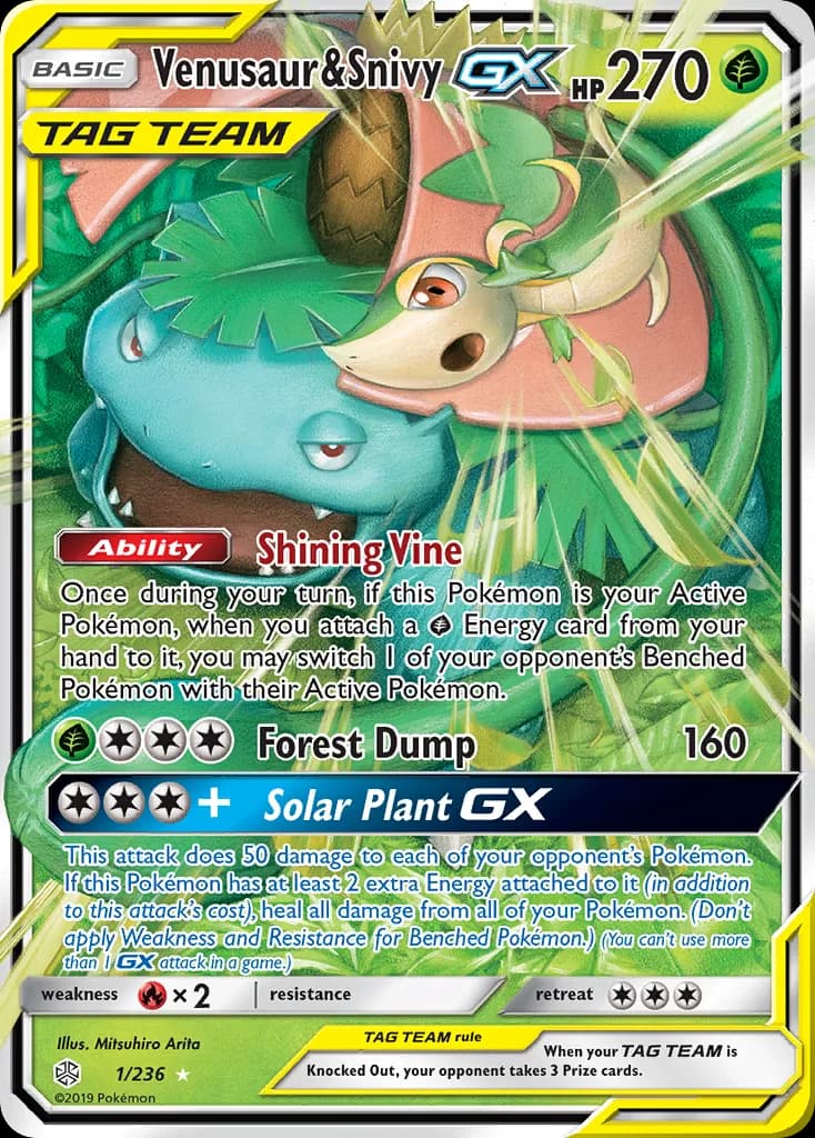 Cosmic Eclipse Venusaur & Snivy-GX card front, 1/236
