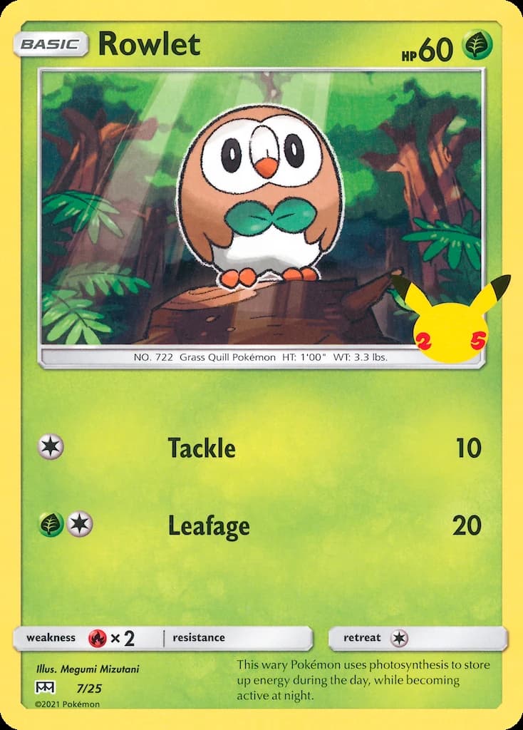 Rowlet, McDonald's Collection 2021 7/25, English card reference; finish and promotional markings may differ
