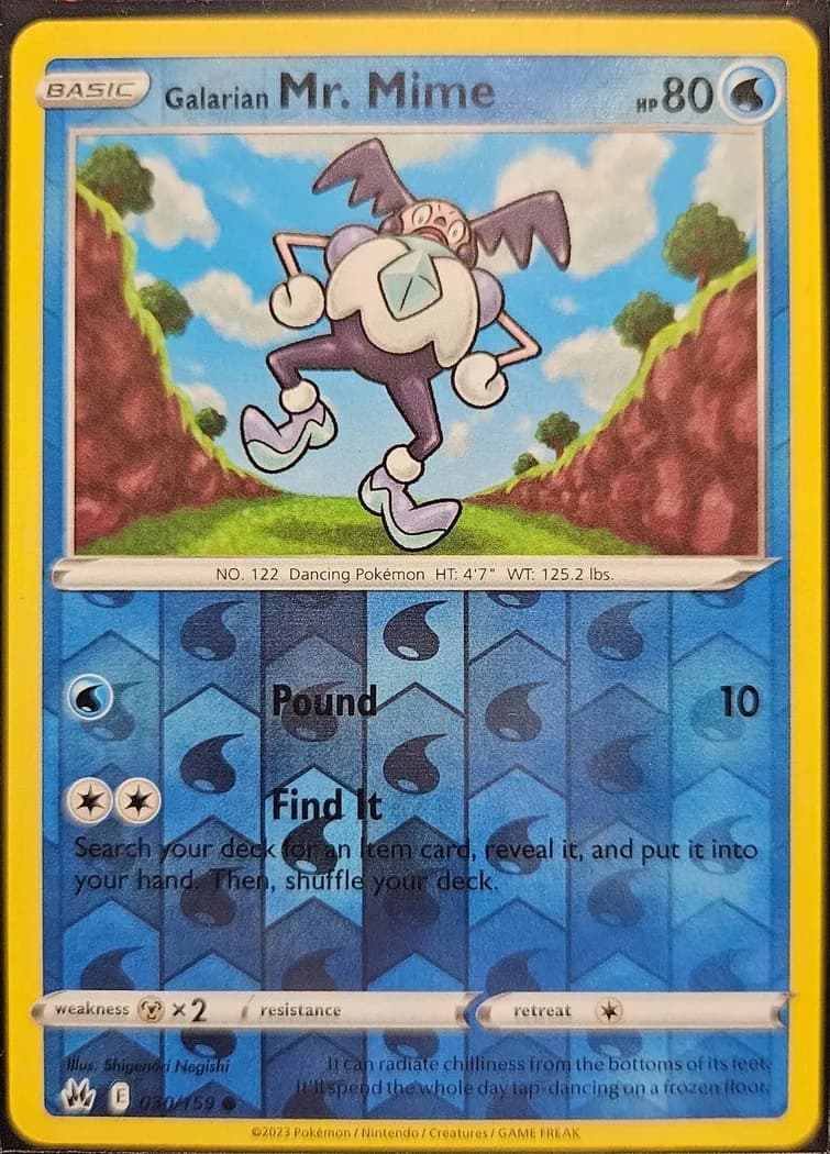 Galarian Mr. Mime reverse holo card front, Crown Zenith 30/159