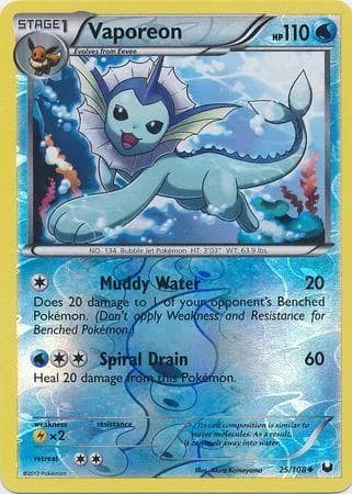 Vaporeon reverse holo card front, Dark Explorers 25/108