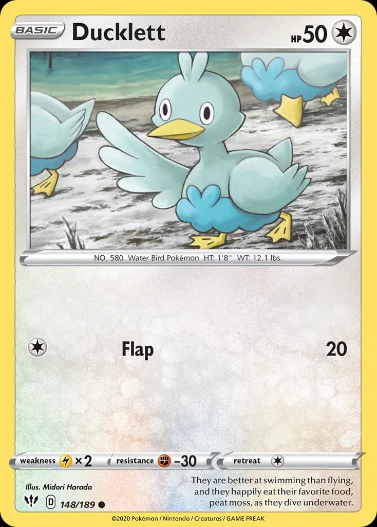 Ducklett, Darkness Ablaze 148/189, English non-holo base-card reference; reverse-holo finish is not shown