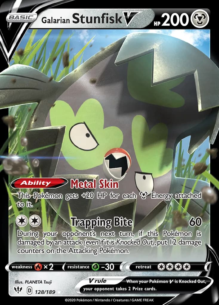 Darkness Ablaze Galarian Stunfisk V card front, 128/189