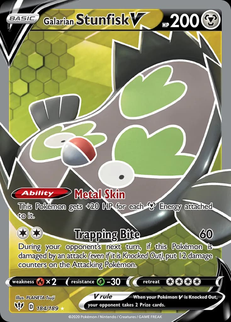 Darkness Ablaze Galarian Stunfisk V card front, 184/189