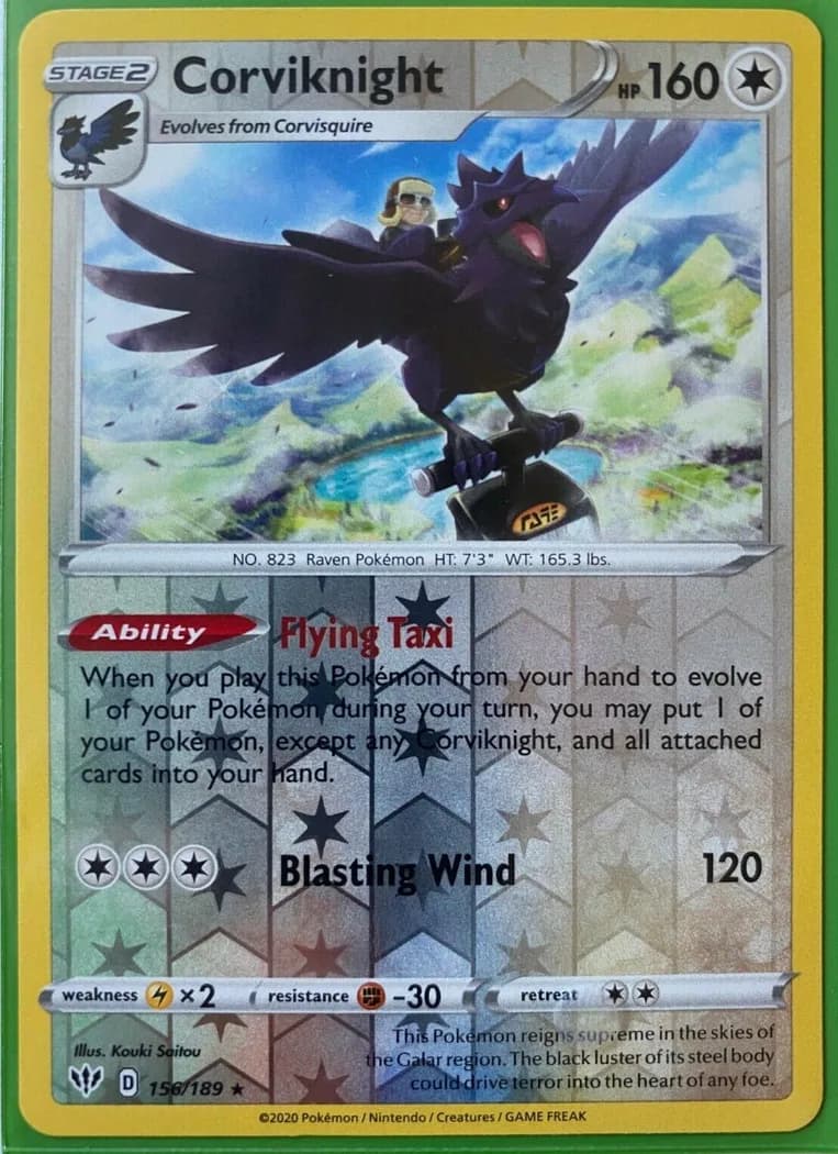 Corviknight reverse holo card front, Darkness Ablaze 156/189