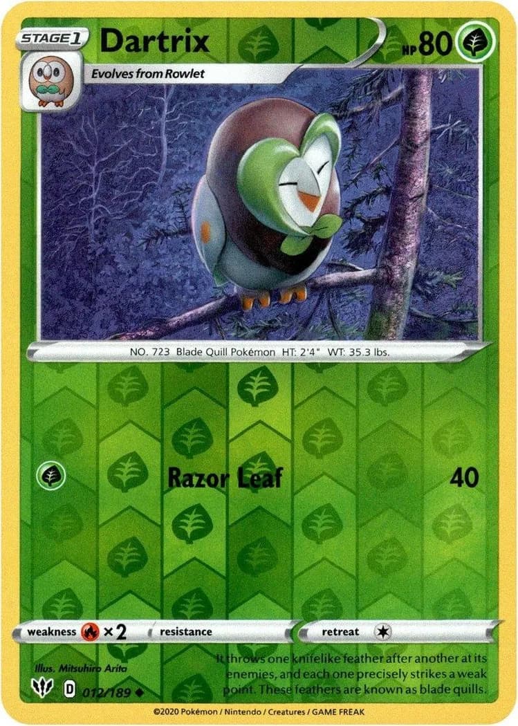 Dartrix reverse holo card front, Darkness Ablaze 12/189