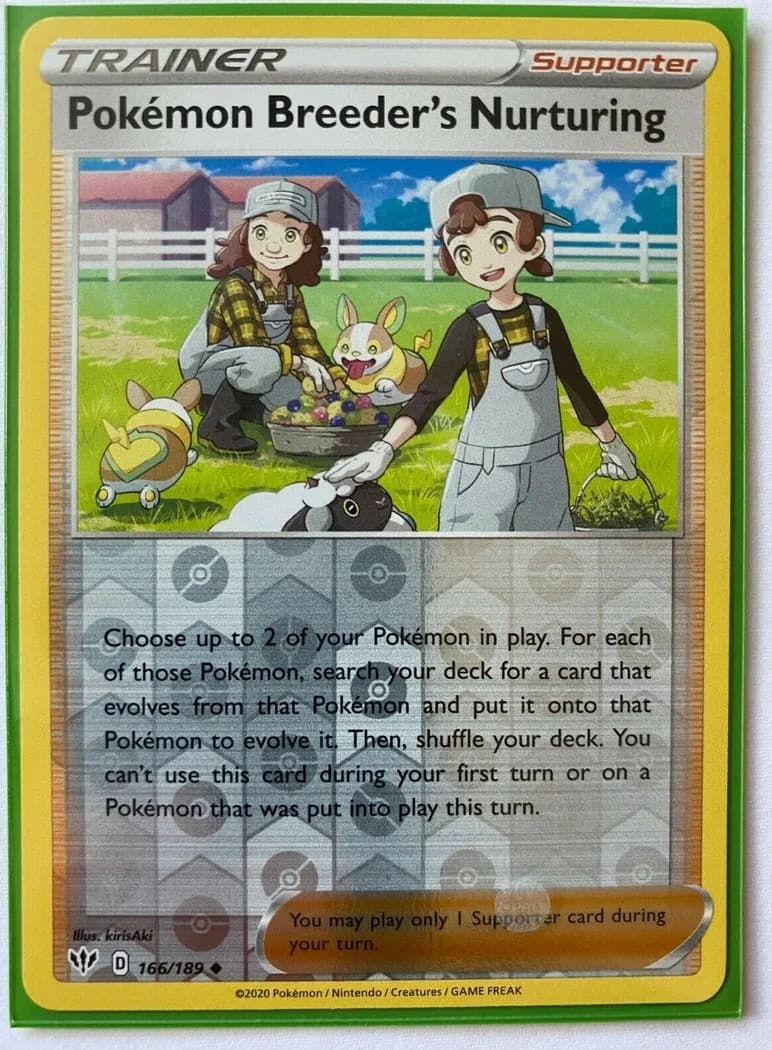 Pokémon Breeder's Nurturing reverse holo card front, Darkness Ablaze 166/189