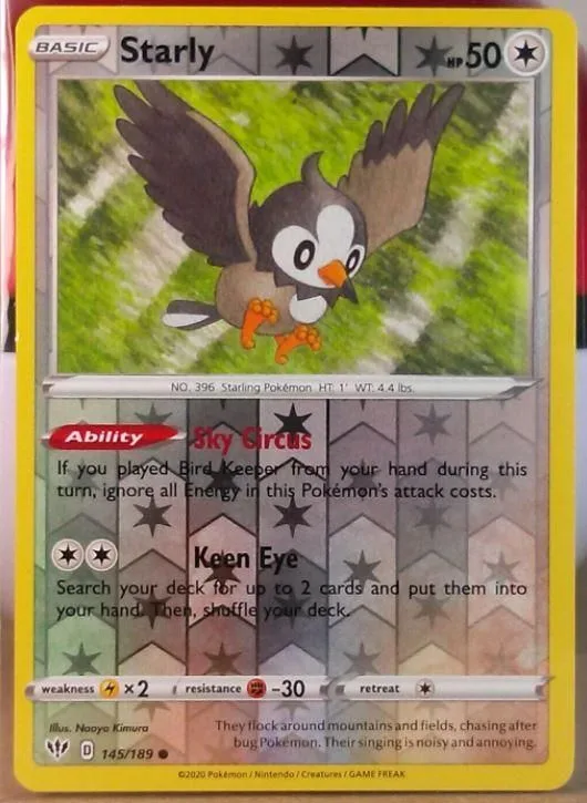 Starly reverse holo card front, Darkness Ablaze 145/189
