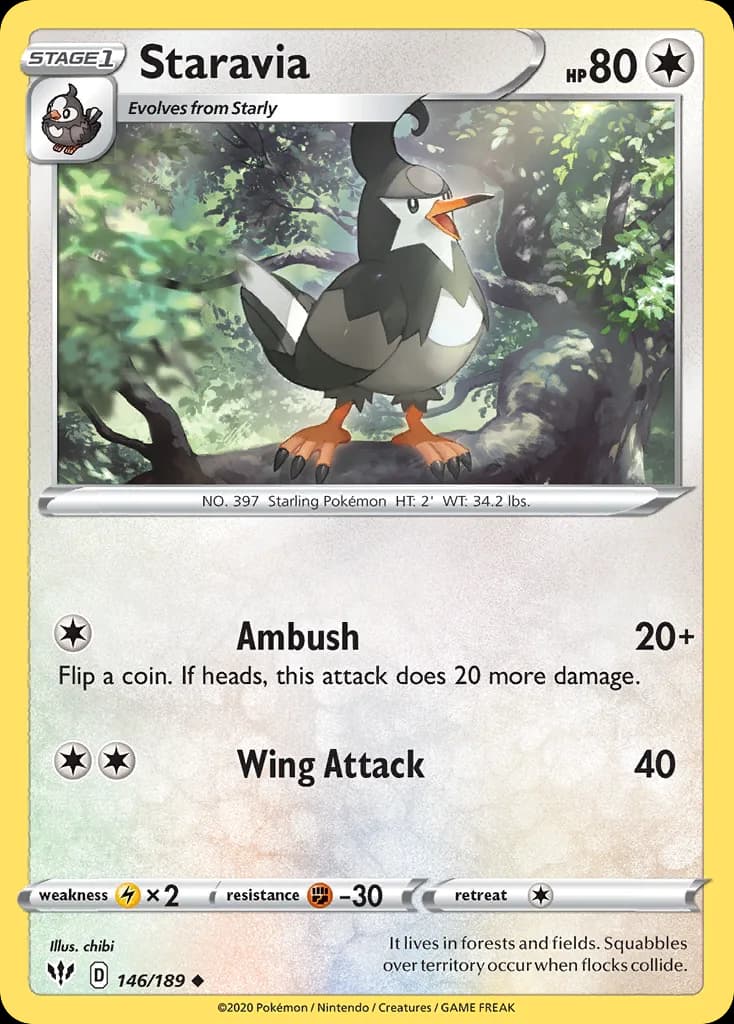 Staravia, Darkness Ablaze 146/189, English non-holo base-card reference; reverse-holo finish is not shown