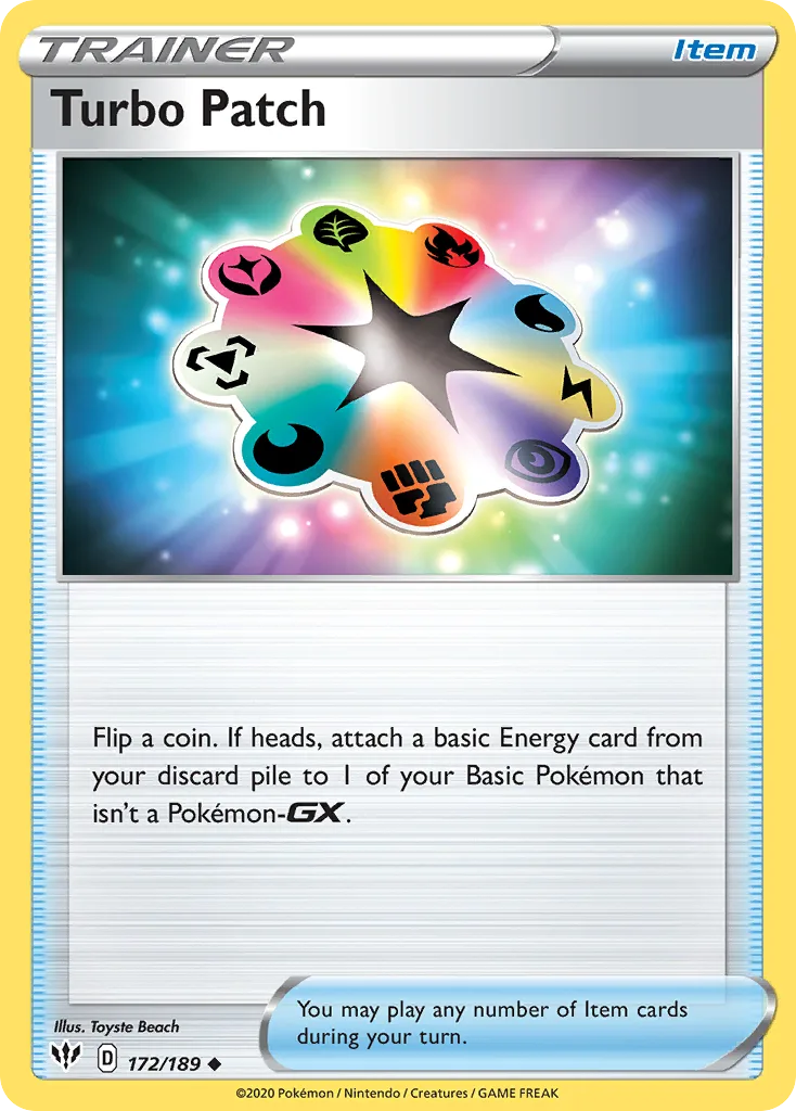Turbo Patch, Darkness Ablaze 172/189, English non-holo base-card reference; reverse-holo finish is not shown
